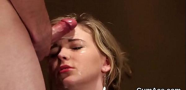  Spicy centerfold gets cumshot on her face sucking all the jism